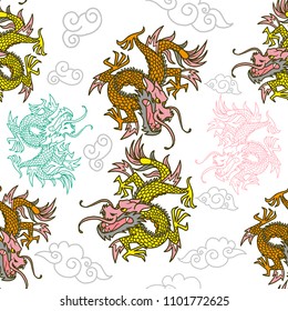 Trendy seamless embroidery pattern with graphic design line Japan dragons which are different colors. Modern vector illustration for street wear brand print clothes t shirt sweatshirt poster textile.