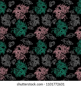 Trendy seamless embroidery pattern with graphic design colorful neon line Japan dragons. Modern vector illustration for street wear brand print clothes t shirt sweatshirt poster textile.
