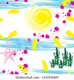 Trendy seamless exotic colorful bright pattern with hand texture and geometric elements: sun, seaweed, starfish and water. Vector illustration.