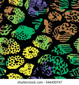 Trendy seamless exotic pattern with abstract flowers and animal print. Vector illustration. Modern design for paper, wallpaper, cover, fabric, Interior decor and other users.