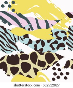 Trendy seamless exotic pattern with animal print and geometric elements. Vector illustration