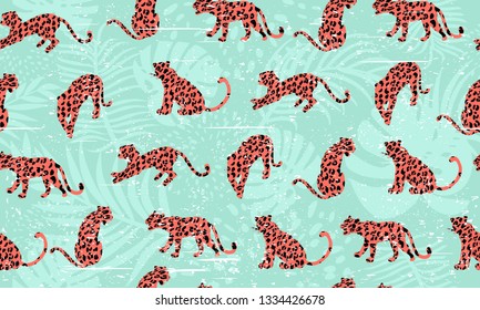 Trendy seamless exotic pattern. Composition with abstract silhouettes of leopards, tropical leaves and textures. Vector illustration.