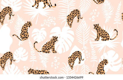 Trendy seamless exotic pattern. Composition with abstract silhouettes of leopards, tropical leaves and textures. Vector illustration for textile, fabric, wrapping paper, background, and packaging.