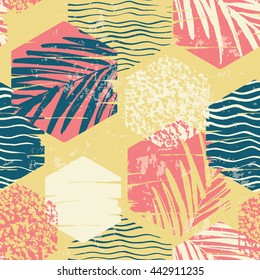 Trendy seamless exotic pattern with hand texture and geometric elements. Vector illustration.
