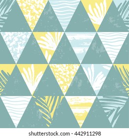 Trendy seamless exotic pattern with hand texture and geometric elements. Vector illustration.