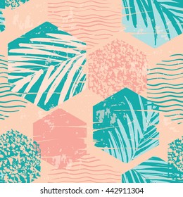 Trendy seamless exotic pattern with hand texture and geometric elements. Vector illustration.