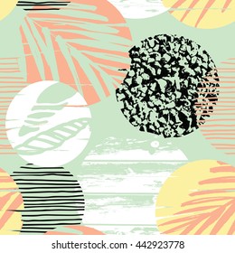 Trendy seamless exotic pattern with hand texture and geometric elements. Vector illustration