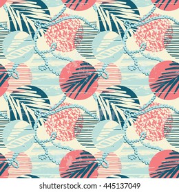 Trendy seamless exotic pattern with hand texture and geometric elements. Vector illustration