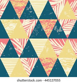 Trendy seamless exotic pattern with hand texture and geometric elements. Vector illustration