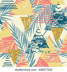 Trendy seamless exotic pattern with hand texture and geometric elements. Vector illustration