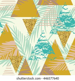 Trendy seamless exotic pattern with hand texture and geometric elements. Vector illustration