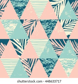 Trendy seamless exotic pattern with hand texture and geometric elements. Vector illustration