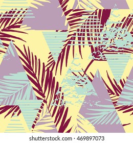 Trendy seamless exotic pattern with hand texture and geometric elements. Vector illustration