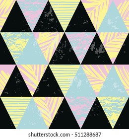 Trendy seamless exotic pattern with hand texture and geometric elements. Vector illustration
