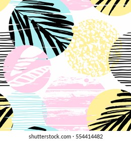 Trendy seamless exotic pattern with hand texture and geometric elements. Vector illustration.