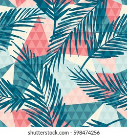 Trendy seamless exotic pattern with hand texture and geometric elements. Vector illustration