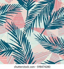 Trendy seamless exotic pattern with hand texture and geometric elements. Vector illustration