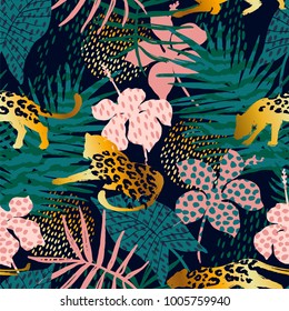 Trendy seamless exotic pattern with palm, animal prints and hand drawn textures. Vector illustration. Modern abstract design for paper, wallpaper, cover, fabric, Interior decor and other users.