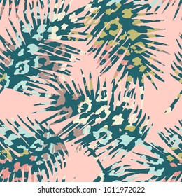 Trendy seamless exotic pattern with palm, animal prints and hand drawn textures. Vector illustration. Modern abstract design for paper, wallpaper, cover, fabric, Interior decor and other users.