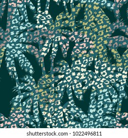 Trendy seamless exotic pattern with palm, animal prins and hand drawn textures. Vector illustration. Modern abstract design for paper, wallpaper, cover, fabric, Interior decor and other users