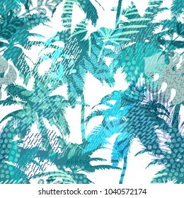 Trendy seamless exotic pattern with palm, tropical plants and hand drawn textures. Modern abstract design for paper, wallpaper, cover, fabric and other users. Vector illustration.