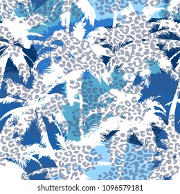 Trendy seamless exotic pattern with palm and animal prints . Modern abstract design for paper, wallpaper, cover, fabric and other users. Vector illustration.