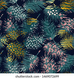 Trendy seamless exotic pattern with palm, animal prints and hand drawn textures. Vector illustration. Modern abstract design for paper, wallpaper, cover, fabric, Interior decor and other users.