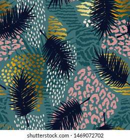 Trendy seamless exotic pattern with palm, animal prints and hand drawn textures. Vector illustration. Modern abstract design for paper, wallpaper, cover, fabric, Interior decor and other users.