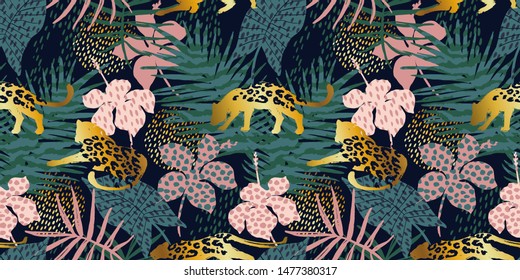 Trendy seamless exotic pattern with palm and leopards. Vector illustration. Modern abstract design for paper, wallpaper, cover, fabric, Interior decor and other users.