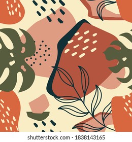 Trendy seamless exotic pattern with palm leaf and geometric elements. Vector illustration