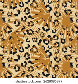 Trendy seamless exotic pattern with palm leaves on leopard print. Predatory animal ornament and silhouettes of tropical plants. Modern abstract design for paper, wallpaper, fabric. Vector illustration