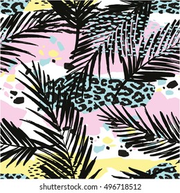 Trendy seamless exotic pattern with palm, animal prins and hand drawn textures. Vector illustration. Modern abstract design for paper, wallpaper, cover, fabric, Interior decor and other users