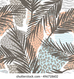 Trendy seamless exotic pattern with palm, animal prins and hand drawn textures. Vector illustration. Modern abstract design for paper, wallpaper, cover, fabric, Interior decor and other users