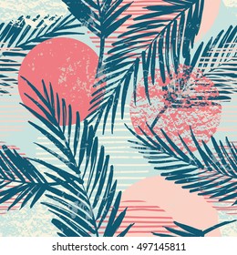 Trendy seamless exotic pattern with palm and hand drawn textures. Vector illustration. Modern abstract design for paper, wallpaper, cover, fabric, Interior decor and other users