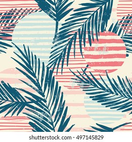 Trendy seamless exotic pattern with palm and hand drawn textures. Vector illustration. Modern abstract design for paper, wallpaper, cover, fabric, Interior decor and other users