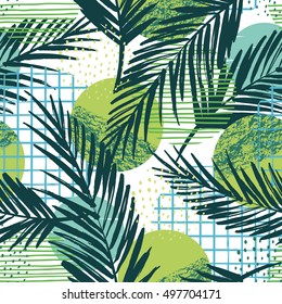 Trendy seamless exotic pattern with palm and hand drawn textures. Vector illustration. Modern abstract design for paper, wallpaper, cover, fabric, Interior decor and other users