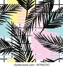 Trendy seamless exotic pattern with palm and hand drawn textures on plaid background. Vector illustration. Modern abstract design for paper, wallpaper, cover, fabric, Interior decor and other users