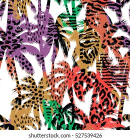 Trendy seamless exotic pattern with palm, animal prins and hand drawn textures. Vector illustration. Modern abstract design for paper, wallpaper, cover, fabric, Interior decor and other users.