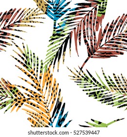 Trendy seamless exotic pattern with palm, animal prins and hand drawn textures. Vector illustration. Modern abstract design for paper, wallpaper, cover, fabric, Interior decor and other users.