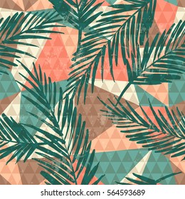 Trendy seamless exotic pattern with palm, hand texture and geometric elements. Vector illustration