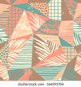 Trendy seamless exotic pattern with palm, hand texture and geometric elements. Vector illustration