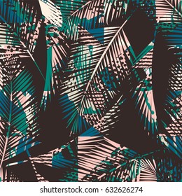 Trendy seamless exotic pattern with palm, animal prins and hand drawn textures. Vector illustration. Modern abstract design for paper, wallpaper, cover, fabric, Interior decor and other users.