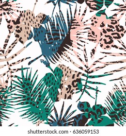 Trendy seamless exotic pattern with palm, animal prints and hand drawn textures. Vector illustration. Modern abstract design for paper, wallpaper, cover, fabric, Interior decor and other users.