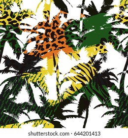 Trendy seamless exotic pattern with palm, animal prints and hand drawn textures. Modern abstract design for paper, wallpaper, cover, fabric and other users. Vector illustration.