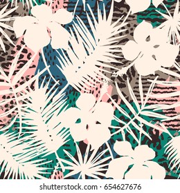 Trendy seamless exotic pattern with palm, flower and animal prints. Vector illustration. Modern abstract design for paper, wallpaper, cover, fabric, Interior decor and other users.