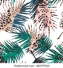 Trendy seamless exotic pattern with palm, animal print and hand drawn textures. Vector illustration. Modern abstract design for paper, wallpaper, cover, fabric, Interior decor and other users.