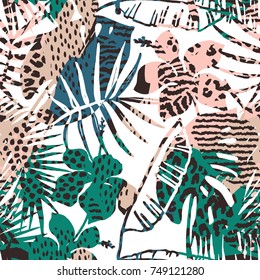 Diseño exótico a la moda con palmeras, huellas de animales y texturas dibujadas a mano. Ilustración vectorial. Diseño abstracto moderno para papel, tapicería, tela, decoración interior y otros usuarios.