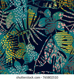 Trendy seamless exotic pattern with palm, animal prints and hand drawn textures. Vector illustration. Modern abstract design for paper, wallpaper, cover, fabric, Interior decor and other users.