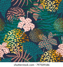 Trendy seamless exotic pattern with palm, animal prints and hand drawn textures. Vector illustration. Modern abstract design for paper, wallpaper, cover, fabric, Interior decor and other users.