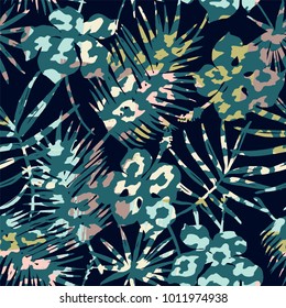 Trendy seamless exotic pattern with tropical plants and animal prints. Vector illustration. Modern abstract design for paper, wallpaper, cover, fabric, Interior decor and other users